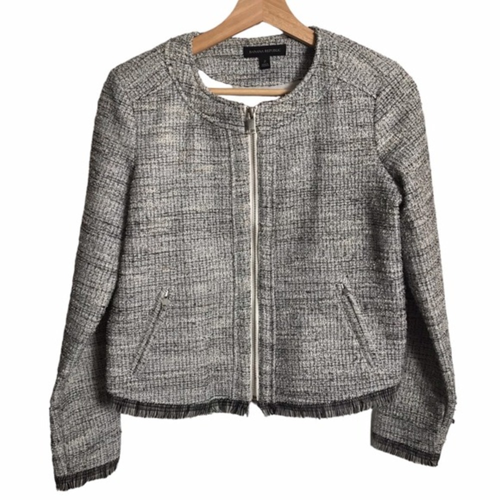 Banana Republic Size 2 Black White Ladylike Boucle Fringe Trim‎ Full Zip Jacket